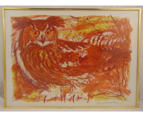 David Koster framed and glazed polychromatic limited edition lithographic print of an owl 8/75, signed bottom right, 50 x 69c
