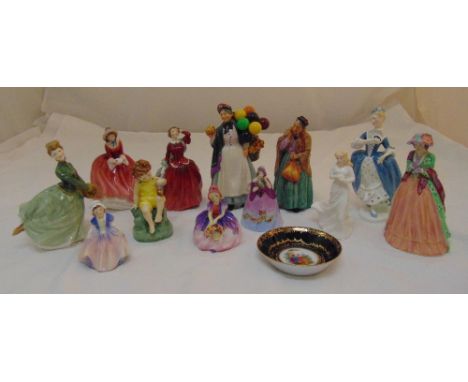 A quantity of Royal Doulton figurines, a Royal Worcester Fridays Child figurine and a Vienna dish (13)