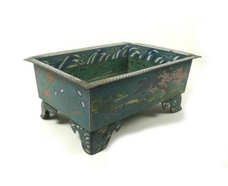 A large early 20th century cloisonne planter, the sides decorated with ducks on a pond, boats moored beneath a sakura trees, 