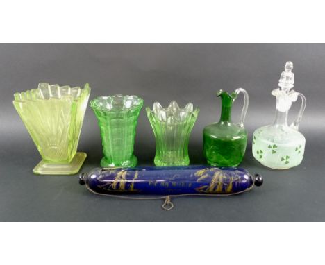A collection of glass items, including three uranium glass vases, one of splash design, the other Art Deco, together with a m