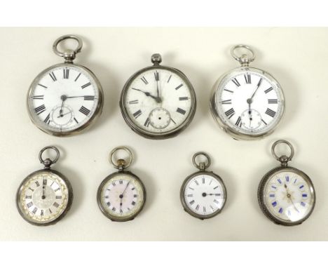 A group of three American silver cased open faced, key wind, pocket watches by Waltham of Mass., white dials with subsidiary 