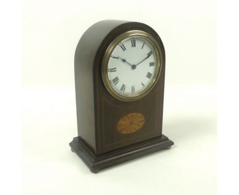 An Edwardian mahogany and inlaid mantel clock, white enamel dial, 8cm, with black Roman numerals and minute track, Buren, Swi