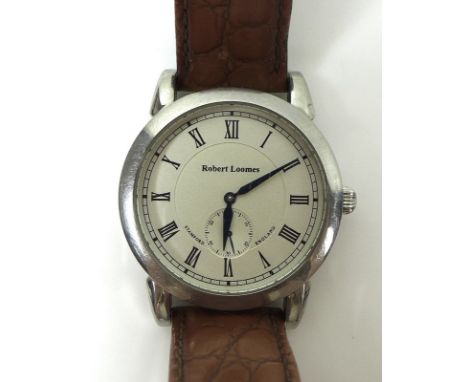 A Robert Loomes Stamford First Edition steel cased gentleman's wristwatch, the circular dial with black Roman Numerals, minut