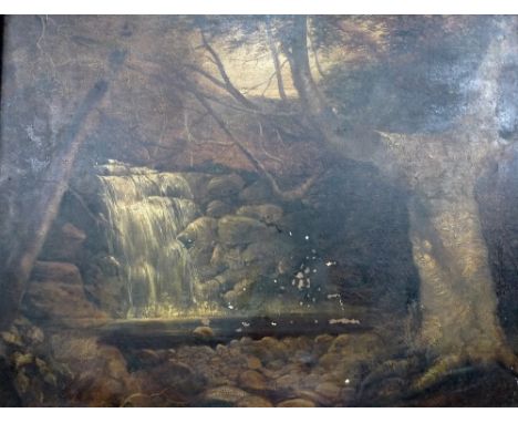 Manner of George Morland RA (British, 1763-1804): a waterfall and rocky pool, with a large tree trunk to the right, oil on ca