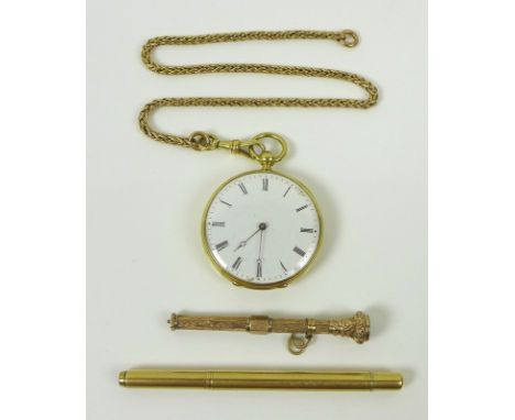 CATALOGUE AMENDMENT: GLASS SMASHED DURING PUBLIC VIEWING.An early 19th century gold pocket watch and chain, white enamel dial