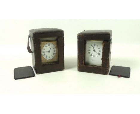 A Victorian brass cased carriage clock by Primavesi Bros, Bournemouth, the white enamelled dial with black Roman numerals and