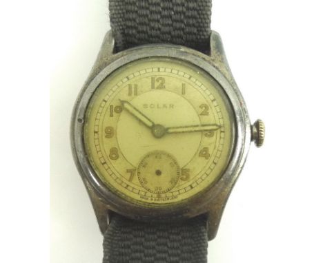 A Solar steel cased gentleman's 'boy' sized military style wristwatch, circa 1940, circular silvered dial with matte chapter 