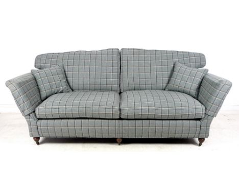 A modern Duresta three seater sofa, re-upholstered in Sanderson 'Woodford' sea green / blue check tweed fabric, with two scat