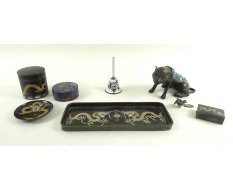 A collection of late 19th and 20th century cloisonne items including a matching set of a pen tray 25.5 by 10.5cm, matchbox co