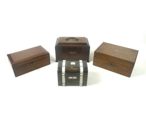 A group of four 19th century wooden boxes, including one faux coromandel box painted and bound with ivory, 16 by 11 by 12cm, 