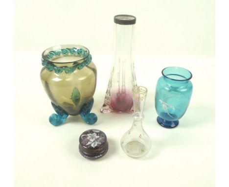 A collection of glass vases, comprising a Mary Gregory style ovoid form vase, pale blue glass decorated with two swallows cha