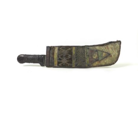 A collection of African tribal / ethnic items including a spear head with beaded detailing, 34cm, a machete, 51cm, the fuller