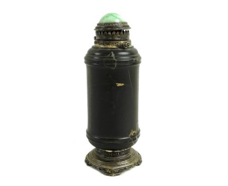 An Art Deco silver and portor marble table cigarette lighter of cylindrical form carved with bands, with blind fret cast moun