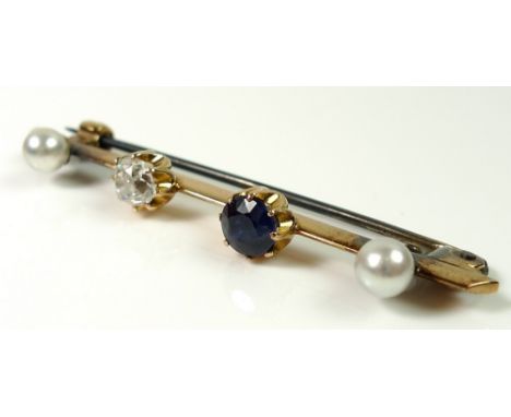 A gold bar brooch set with an old rose cut diamond, approx 0.45ct, a sapphire, and two white pearls, 5.4cm, 4.6g.