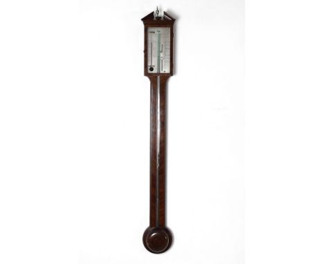 A George IV mahogany cased stick barometer, signed A. Pozzoly, Manchester, with silvered dial, architectural pediment, and th