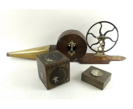 A set of late Victorian winding bellows with brass wheel and funnel, 68 by 27cm, together with an Art Deco tea caddy inlaid w