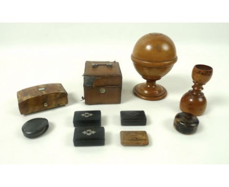 A group of three papier mache snuff boxes, a wooden painted snuff box, 3 by 2 by 1cm, a small tortoiseshell, veneered box, a 