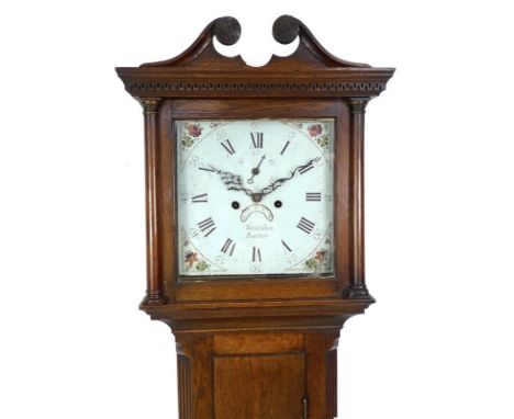 A 19th century oak longcase clock, painted dial signed Sinkinson of Boston, floral spandrels, subsidiary seconds and date rol