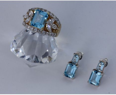 2 SCHMUCKTEILESilber mit Blautopasen. Ring, Gr. 62 und Paar Ohrstecker