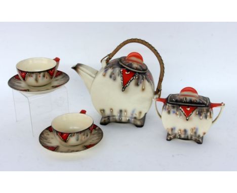 ART DECO DEJEUNERBihl Czechoslovakia um 1920 Keramik, farbig bemalt. Kanne, Zuckerdose und 2 Tassen. Modell-Nr. 3776 Manufakt