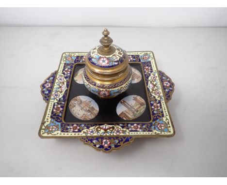 A 19th Century enamel square Inkwell with four micro mosaic oval panels depicting classical buildings and ruins, floral borde