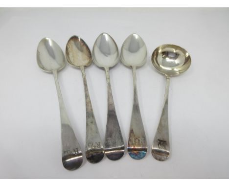 Two pairs of George III silver Table Spoons, old English pattern, London 1797 and 1799, and a Sauce Ladle, London 1812 