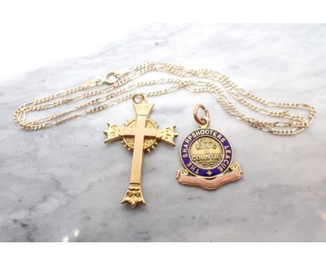 A 9ct gold Pendant Cross and fancy-link Chain and a 9ct gold Fob with blue enamel 'The Sharpshooters League', approx 7.70gms 