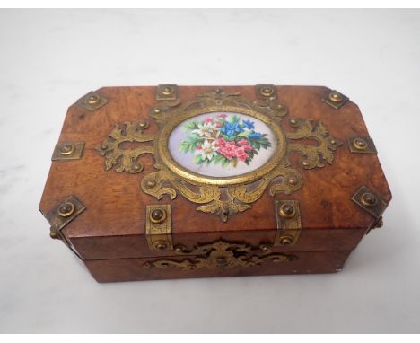 A Victorian burr walnut Manicure Case with gilt-metal mounts and inset floral painted oval panel, 7 x 4in 
