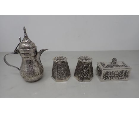 A pair of Eastern silver hexagonal lidded Pots, leafage scroll engraved, a small Indian Coffee Pot, a lidded Box with figural