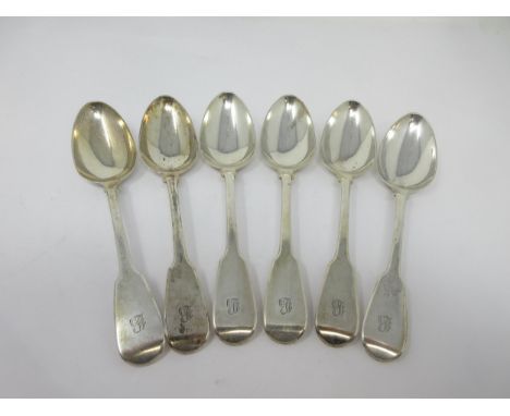 Six George IV silver Dessert Spoons fiddle pattern engraved initial B, London 1824, maker: B.D., 270gms 