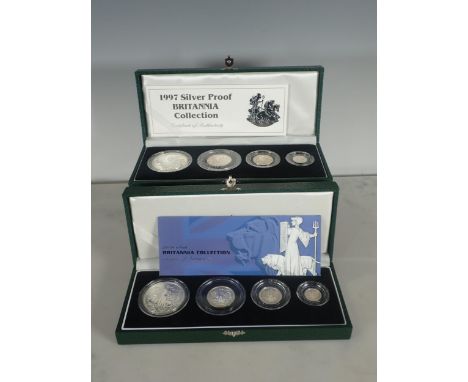 Two Royal Mint Silver Britannia Four Coin Sets, 1997 and 2001, in cases of issue with COA's; (2) 