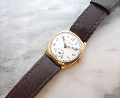 A JW Benson manual Officer's Wristwatch the white enamel dial with arabic numerals and subsidiary seconds dial in 9ct gold cu