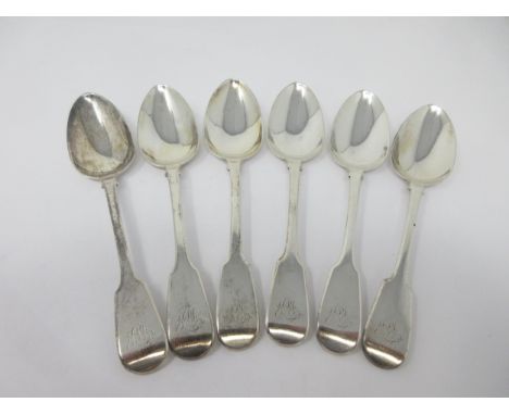 Six George IV silver Dessert Spoons fiddle pattern engraved initials, London 1825, maker: W.C., 240gms 