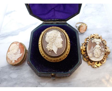 Three carved shell Cameo Brooches; one depicting Nyx with poppy headdress and owl 33mm x 38mm, one depicting classical male i
