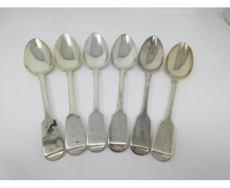 Six William IV silver Table Spoons fiddle pattern engraved crests, London 1836, 520gms 