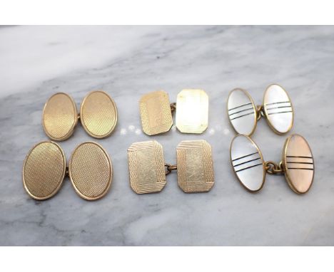 A pair of 9ct gold oval Cufflinks with engine turning, approx 13.20gms, a pair of Cufflinks stamped 12ct front and back and a