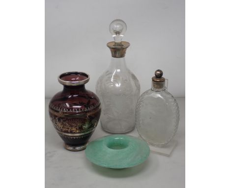 A 19th Century cut glass Bottle with etched scene of sportsman and game to reverse 6 1/2in H, a Decanter and stopper with flo