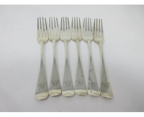 Six Victorian silver Dinner Forks hanoverian pattern engraved initials, London 1877, maker: G.A., 400gms 