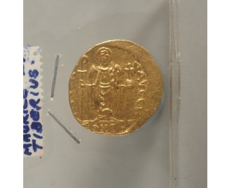 Byzantine, Maurice Tiberius (582-602 AD) Gold Solidus, Constantinople Mint, OBV, Bust Facing, Reserve Angle Standing 