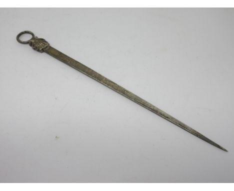 A George III silver Meat Skewer with scallop finial, engraved initials W.W., London 1774, maker: T.H., 13in 