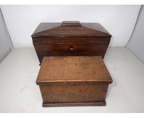 A Victorian rosewood Tea Caddy of sarcophagus shape, 13in, lacks interior, and a small oak, two-division Tea Caddy, 8in 
