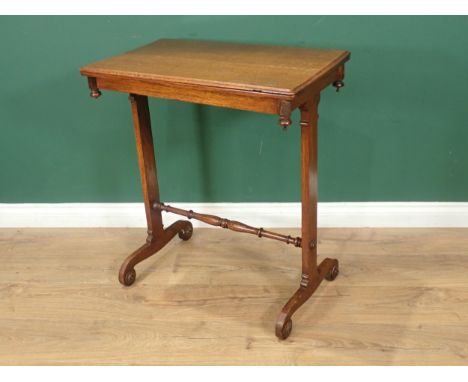 An oak Card/Tea Table with rotating fold over top on cheval type base with turned stretcher 2ft 2in W 