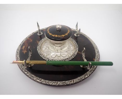 An Edward VII silver and tortoiseshell circular Inkstand, London 1901, fitted silver mounted cut glass Inkwell, Birmingham 19