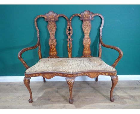 An 18th Century walnut and marquetry inlaid Salon Sofa with double shaped vase splat back surmounted by bird design, with ear