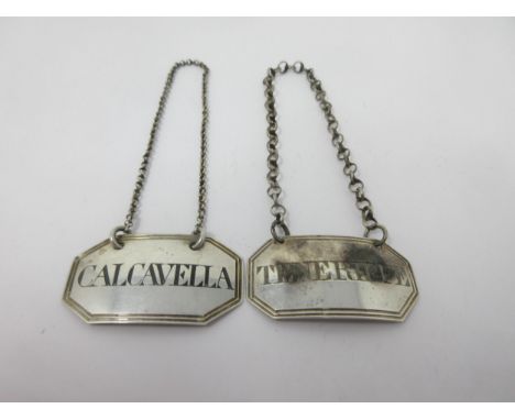 A Victorian silver octagonal Label, Calcavella, Birmingham circa 1850, maker: Hilliard &amp; Thomason, and another, Tenerife,