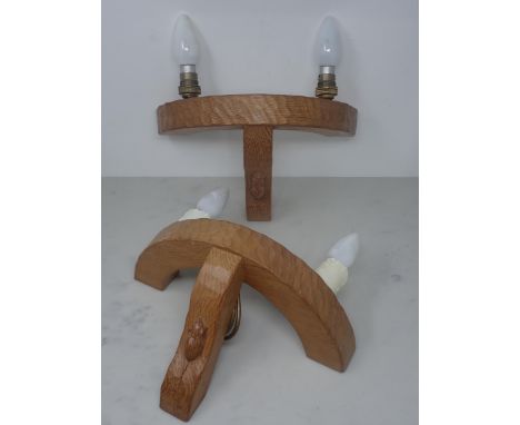 Robert Mouseman Thompson. A pair of adzed oak Wall Lights with mouse signature, 12 1/4 in W x 7 1/2 in H 