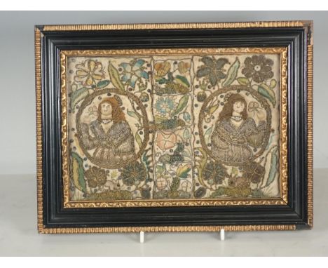 A 17th Century Stumpwork Panel depicting two portraits of figures with floral motifs in gold and coloured thread, 5¾ x 8¼, in