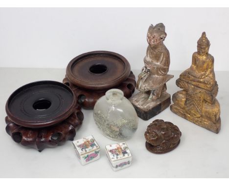 A collection of small items including a gilded Buddha seated on a throne, 5in H, a 19th Century carved wood Chinese Monk sat 