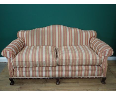 A Georgian style camel back Sofa with red and gold striped upholstery mounted upon three claw and ball front feet 6ft 4in W x