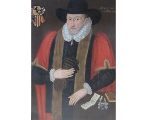 FOLLOWER OF STEVEN VAN DER MEULEN (1493-1563). Portrait of a Gentleman, three quarter-length, wearing robes and a black hat, 
